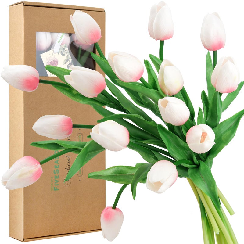 FiveSeasonStuff Real Touch Tulips Artificial Flowers â€“ 15 Stems Faux Tulip Bouquet in Gift Box for Wedding, Home Decor, Party, Floral Arrangements (Lovable Pink) - Image 1